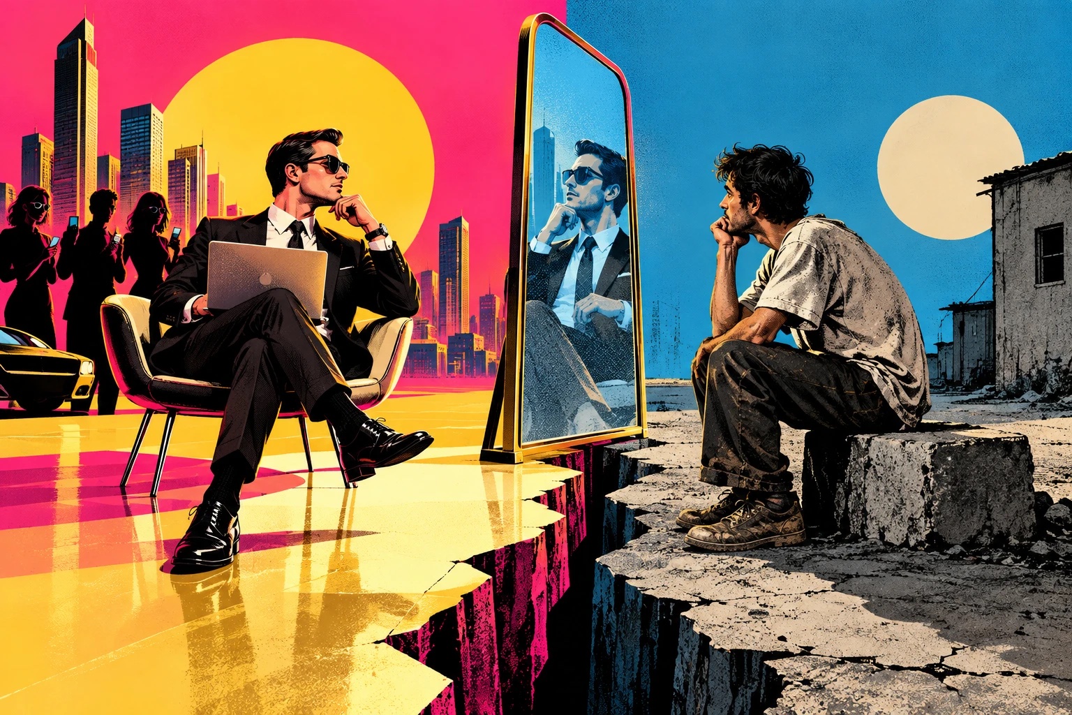 Split illustration: on the left, a man in a suit with a laptop sits in a bright city of skyscrapers; on the right, a man in worn clothes sits on a concrete block in a run-down neighbourhood. A mirror stands between them on the edge of a crack in the ground, reflecting the man in the suit.