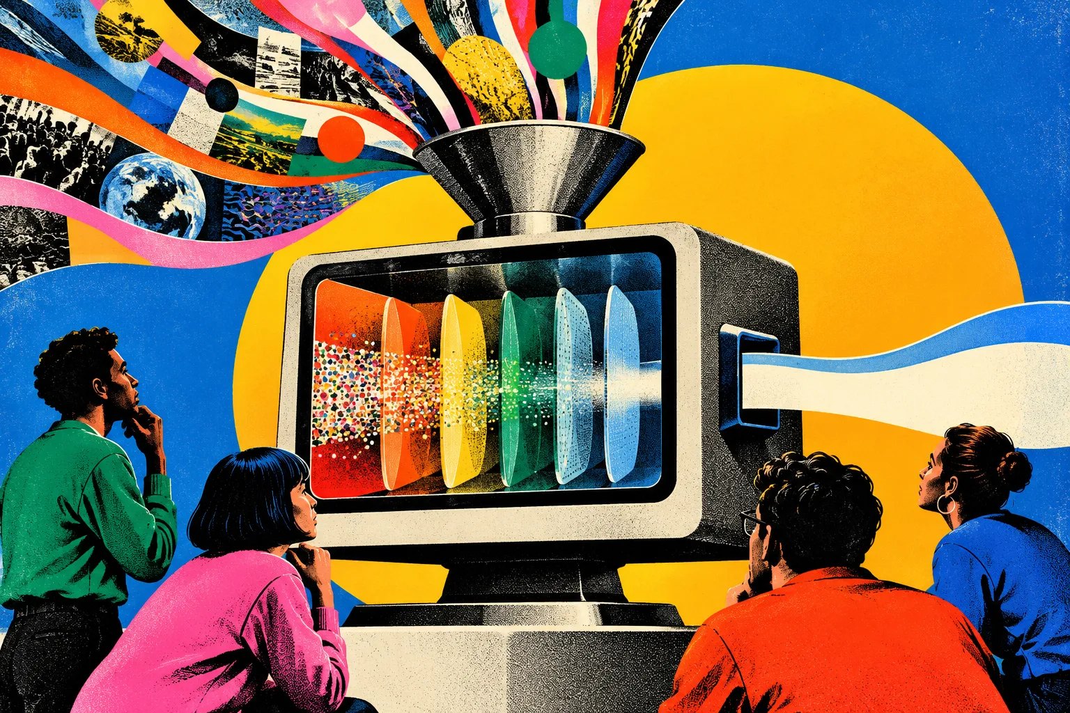 Pop-art illustration of a large funnel feeding a stream of photographs, maps and colours into a machine with a glass window, where coloured filters sort the stream into a single white ribbon. Four people watch the machine thoughtfully.