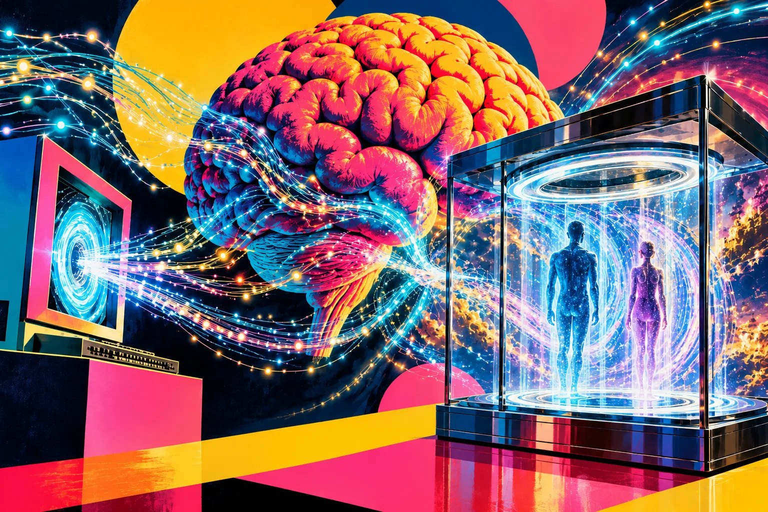 Pop-art illustration of a large brain linked by streams of light to a computer screen and to two human figures standing in a glass chamber.