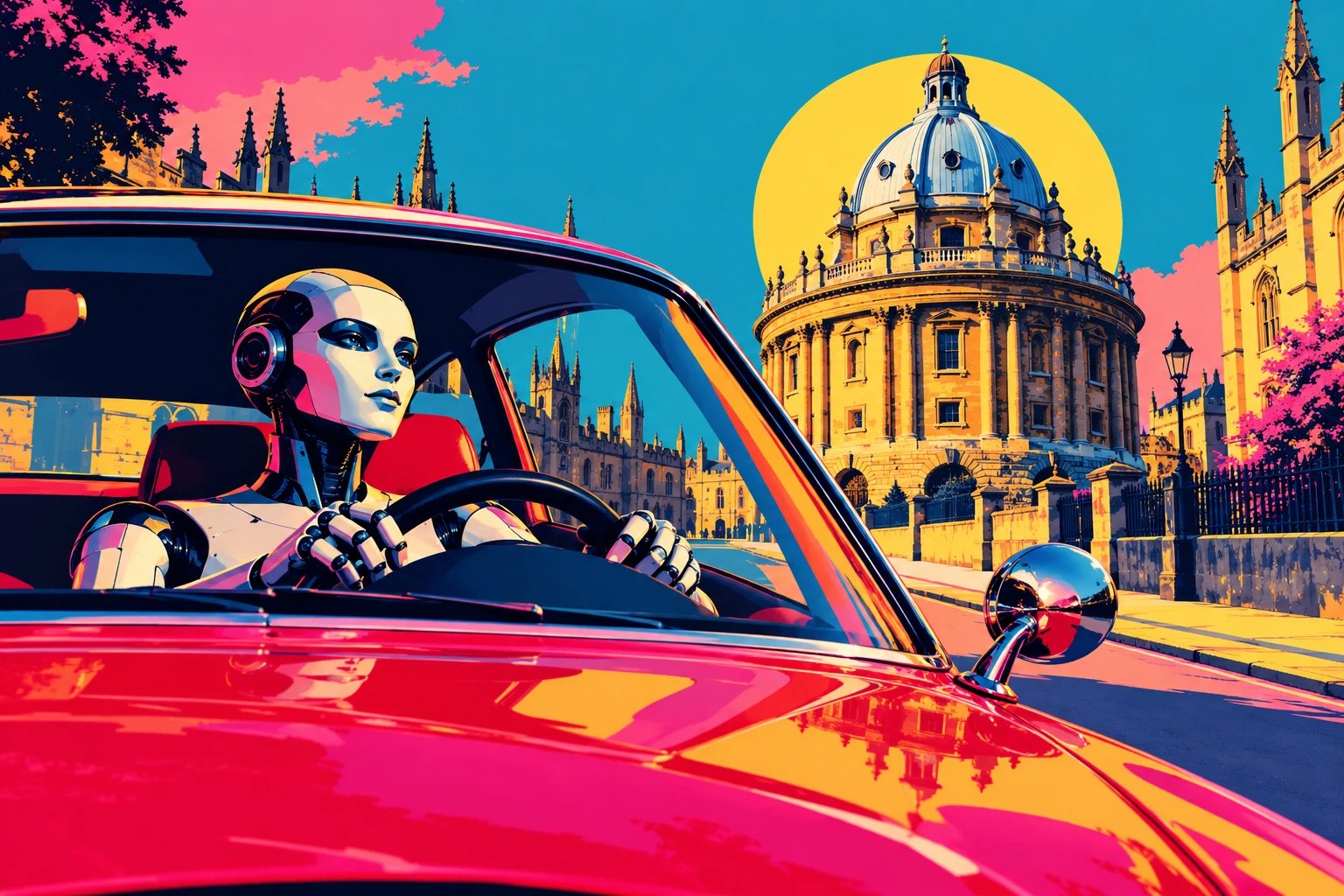 Pop-art illustration of a humanoid robot driving a red car past the Radcliffe Camera and the college spires of Oxford.