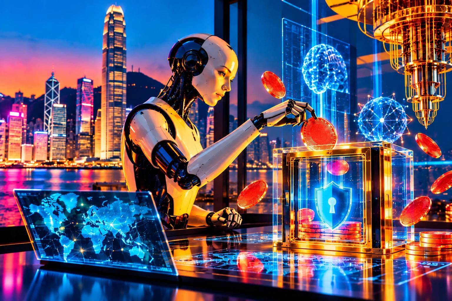 Illustration of a humanoid robot placing red coins into a transparent safe marked with a padlock shield, with the Hong Kong skyline at dusk, a glowing world map and a quantum computer in the background.