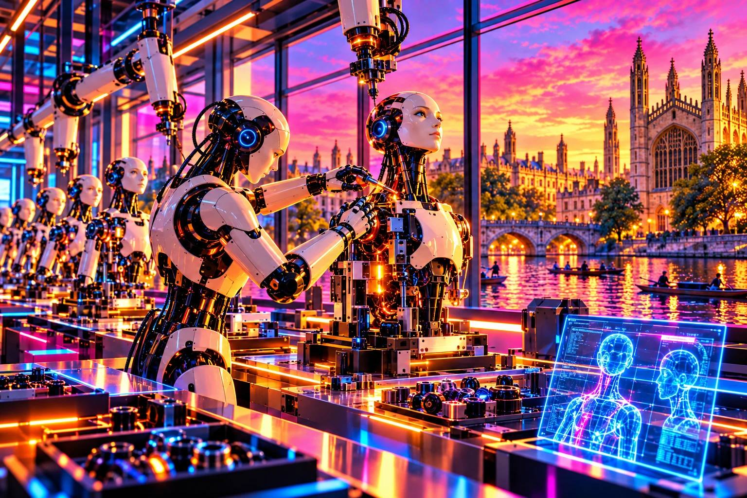 Illustration of humanoid robots assembling other robots on a glowing production line, beside a river with punts, a stone bridge and Gothic college buildings at sunset.