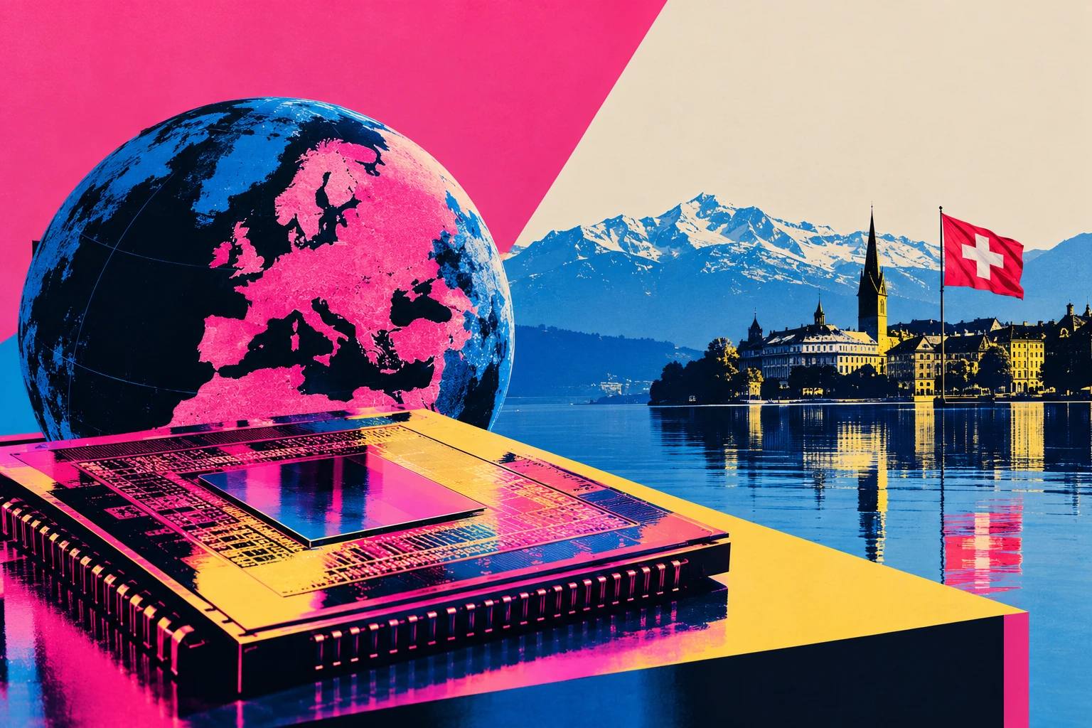 Pop-art illustration of a computer chip beneath a globe with Europe highlighted in pink, beside a Swiss lakeside town with a Swiss flag and snow-capped mountains.