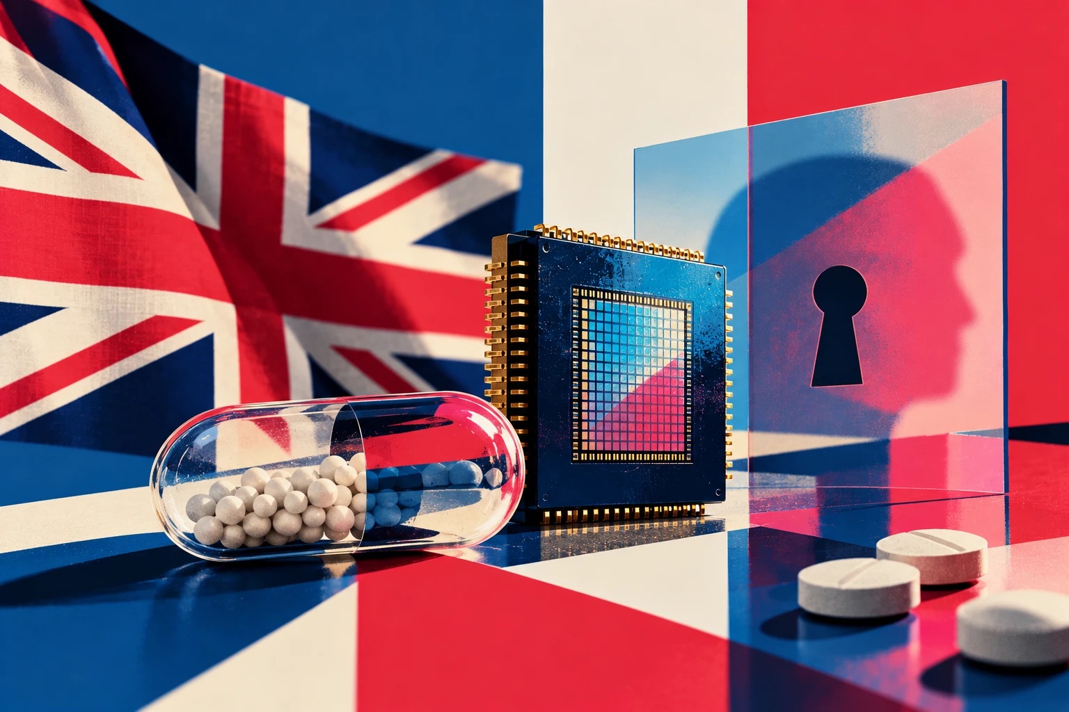 Pop-art illustration of a Union Jack beside a transparent capsule of white pellets, a computer chip and a glass panel with a keyhole over the silhouette of a head, with tablets on a red, white and blue surface.