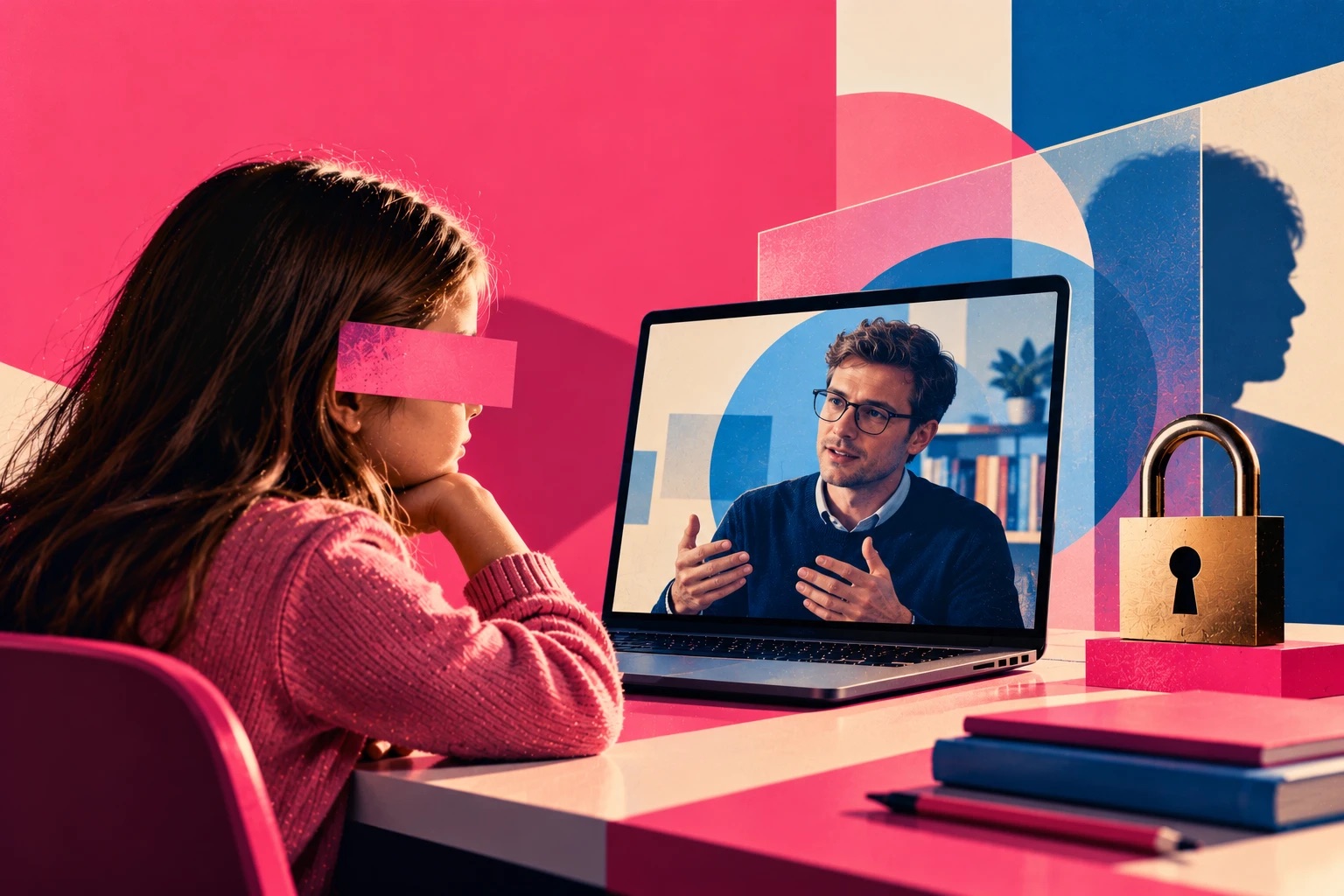 Pop-art illustration of a girl with her eyes covered by a pink strip, watching a man teaching on a laptop screen, beside a padlock, books and the silhouette of a head behind a glass panel.