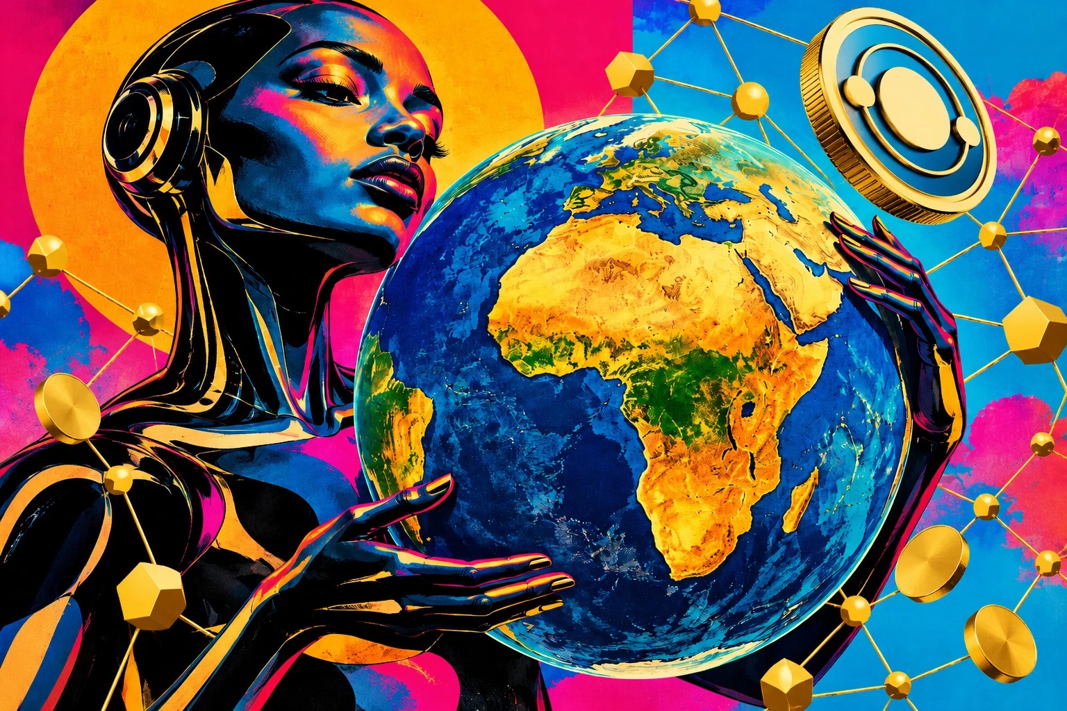 Pop-art illustration of a woman with a metallic, robotic finish holding a globe centred on Africa, with gold coins and a network of connected nodes in the background.