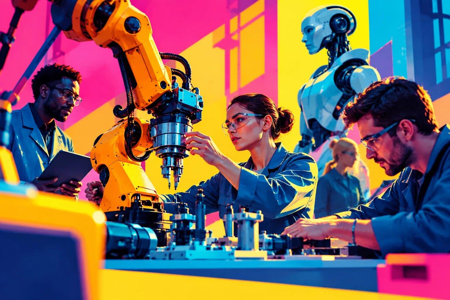 Pop-art illustration of engineers working at a bench beside a yellow robotic arm, while a humanoid robot stands watching in the background.