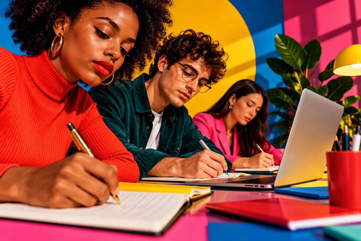 Three people write by hand in notebooks at a colourful desk, beside an open laptop.